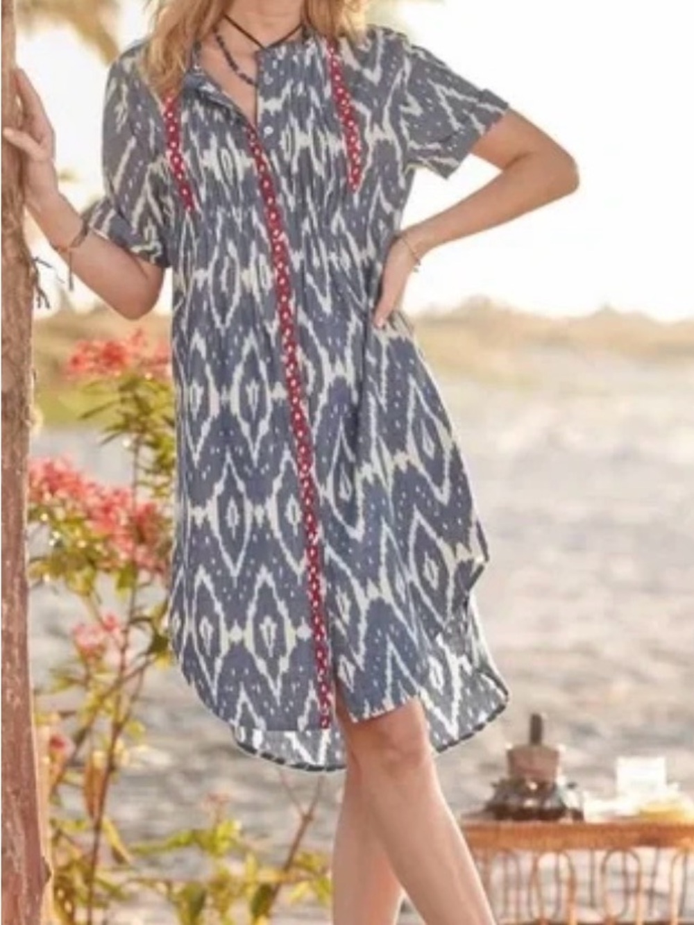 Sundance Ikat Isabel Blue & White Ikat Shirt Dress with Red Accent Trim